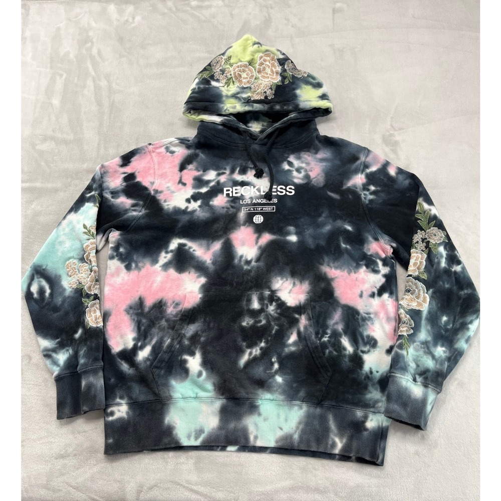 Young & Reckless Hoodie Mens Medium Multi Color Tie Dye Floral Embroidered